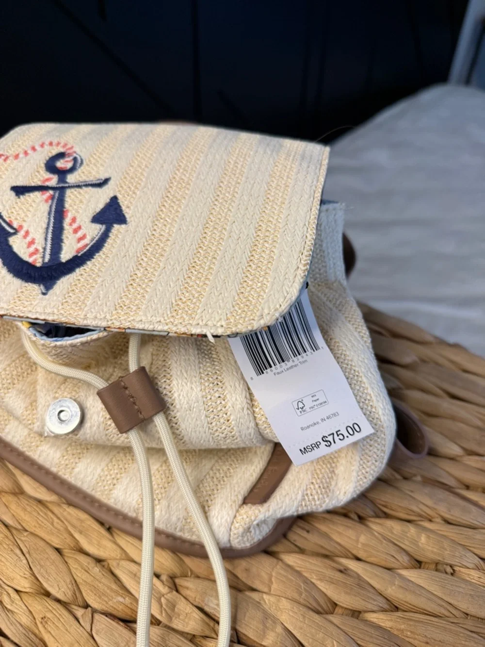 Vera Bradley NWT Straw Mini Backpack Anchors Aweigh Nautical Woven Drawstring
